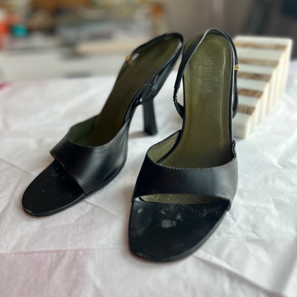 VTG 90s GUCCI slingback sandals sz 8 black leather scalloped edge 4.25in heel - Picture 4 of 16